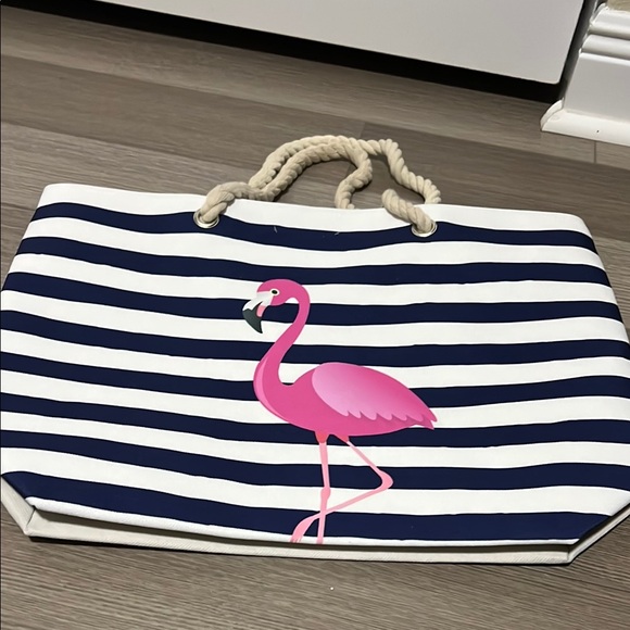 Striped Tote Bag with Pink Flamingo - Picture 1 of 4